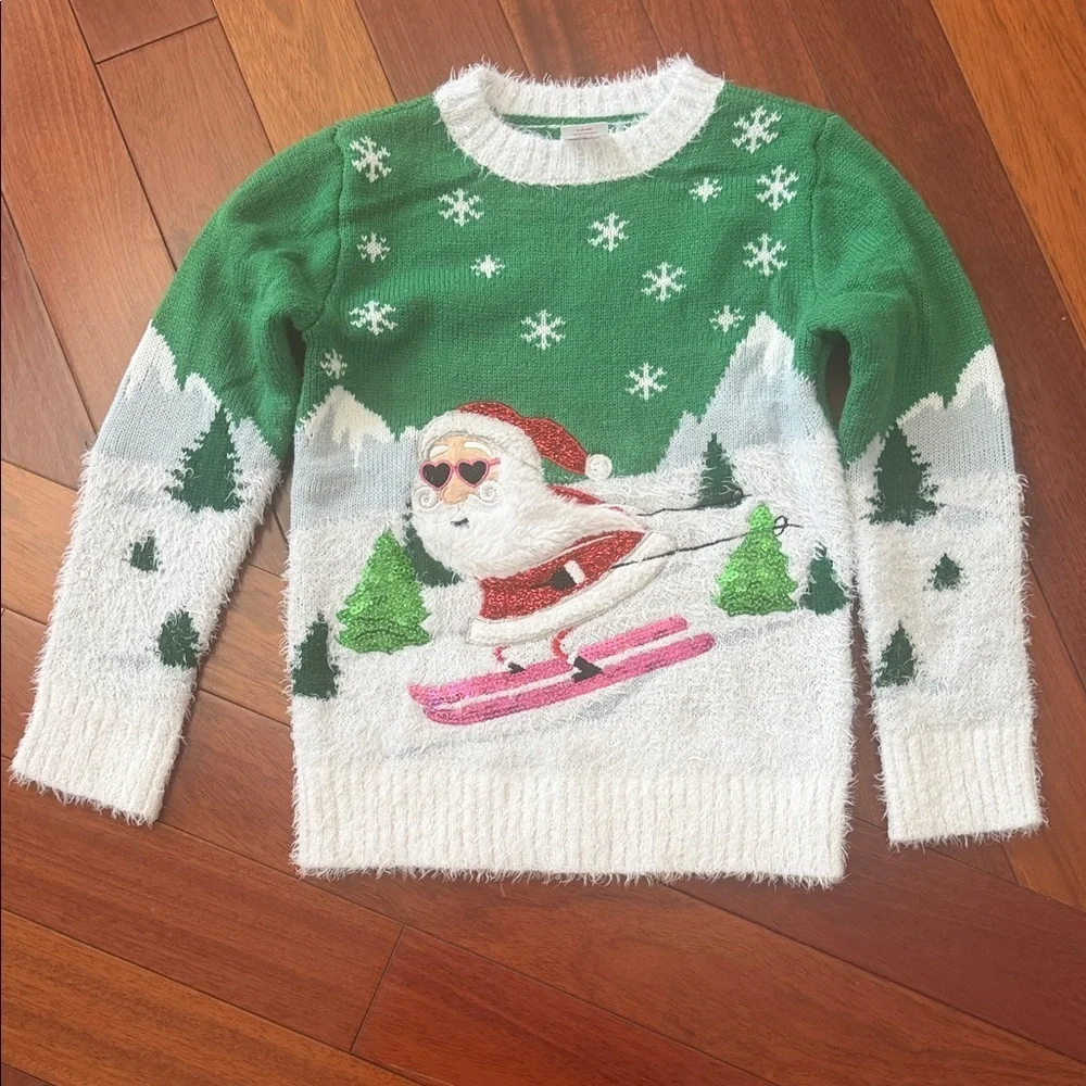 Holiday Time Green and White Santa Sweater for girls